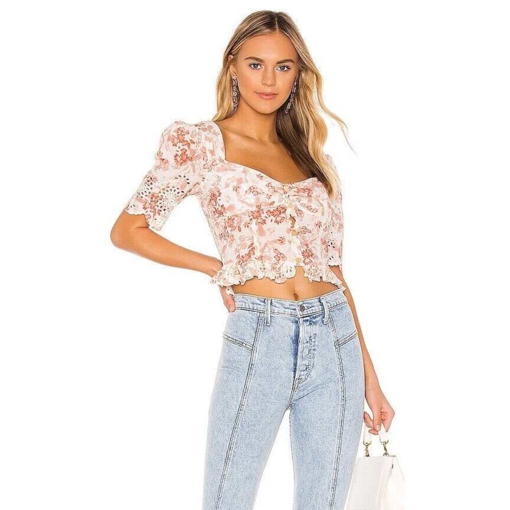 SAYLOR Size XS Janiya Floral Eyelet Crop Top V-Neck Ruffle Smocked Button Front